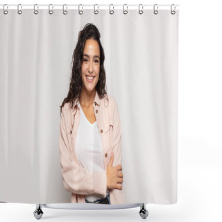 Personality  Pretty Young Woman Laughing Shyly And Cheerfully, With A Friendly And Positive But Insecure Attitude Shower Curtains