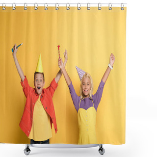 Personality  Smiling Kids With Outstretched Hands Holding Party Horns On Yellow Background  Shower Curtains