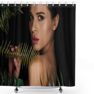 Personality  Beautiful Woman Touching Fern Leaf And Looking At Camera Isolated On Black Shower Curtains
