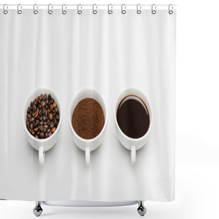 Personality  Cups With Prepared And Ground Coffee Near Beans On White Shower Curtains