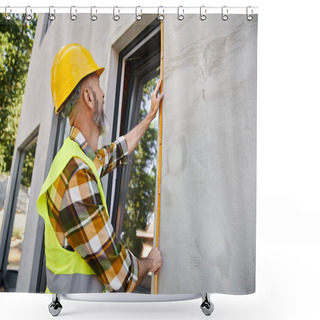 Personality  Good Looking Hardworking Construction Worker With Beard Measuring Window With Tape, Cottage Builder Shower Curtains