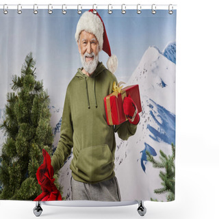 Personality  Cheerful Santa In Christmassy Hat With Present In Hand With Snowy Mountain Backdrop, Winter Concept Shower Curtains