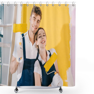 Personality  Two Cheerful Painters Smiling At Camera While Holding Paint Rollers Shower Curtains