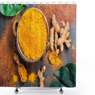 Personality  Turmeric Powder And Fresh Root On Grunge Background Shower Curtains