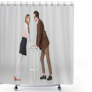 Personality  Side View Of Vintage Style Couple Looking At Each Other On Grey Background Shower Curtains