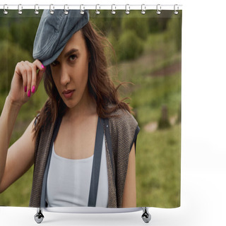 Personality  Portrait Of Stylish Brunette Woman In Vintage Clothes, Vest And Suspenders Touching Newsboy Cap And Looking At Camera With Blurred Landscape At Background, Fashion-forward In Countryside Shower Curtains