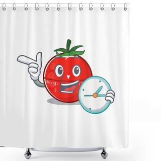 Personality  A Picture Of Cheery Tomato Kitchen Timer Holding A Clock. Vector Illustration Shower Curtains
