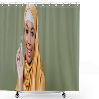 Personality  Multiracial Woman In Golden Hijab Holding Serum Isolated On Green, Banner  Shower Curtains