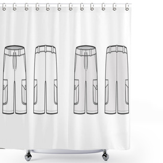 Personality  Short Cargo Technical Fashion Illustration With Mid-thigh Length, Low Waist, Rise, Slashed, Bellows Pocket. Flat Bermuda Shower Curtains