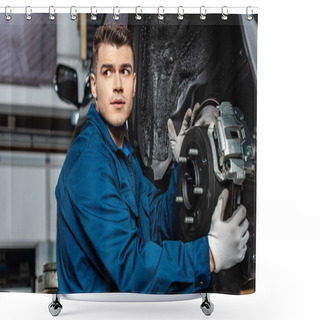 Personality  Serious Mechanic Adjusting Disc Brakes And Looking Away Shower Curtains