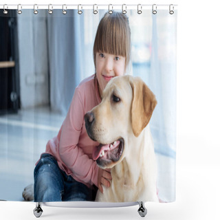 Personality  Kid With Down Syndrome And Labrador Retriever Resting On The Floor Shower Curtains