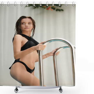 Personality  Beautiful Woman With Tattoo Standing In Sexy Swimwear And Holding  Handrail In Swimming Pool Shower Curtains