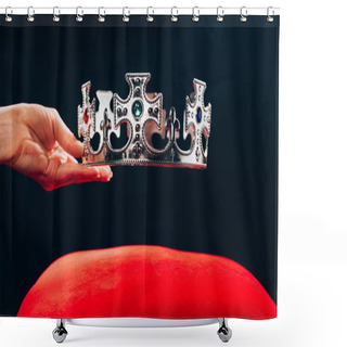 Personality  Cropped View Of Woman Holding Silver Crown With Gemstones Over Red Pillow, Isolated On Black Shower Curtains