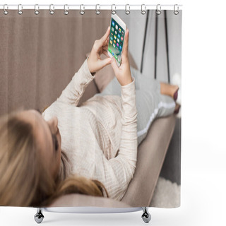 Personality  Woman On Couch Using Smartphone With Ios Apps On Screen Shower Curtains
