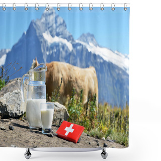 Personality  Swiss Chocolate And Jug Of Milk Against Mountain Peak. Switzerla Shower Curtains