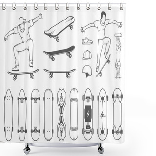 Personality  Set Of Skateboards, Equipment, And Elements Of Street Style Shower Curtains
