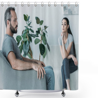 Personality  Upset Bearded Man Sitting On Armchair And Frustrated Woman Sitting On Couch, Relationship Difficulties Concept  Shower Curtains