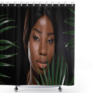 Personality  African American Woman Near Green Palm Leaves Isolated On Black Shower Curtains
