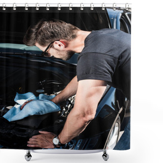 Personality  Side View Of Young Man In Sunglasses Checking Car Engine At Street Shower Curtains