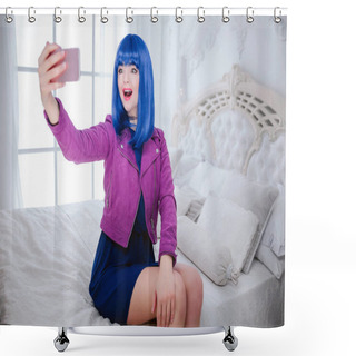 Personality  Fashionable Freak. Glamour Happy Beautiful Woman With Blue Hair And Trendy Makeup Is Holding Computer And Doing Selfie While Sitting On The Bed. Fashion And Beauty Concept. Shower Curtains