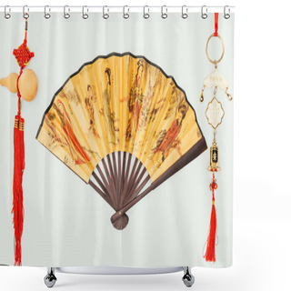 Personality  Top View Of Chinese Handheld Fan With Talismans Isolated On White Shower Curtains