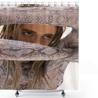 Personality  Portrait Of Tattooed Queer Person Looking Away Isolated On White  Shower Curtains