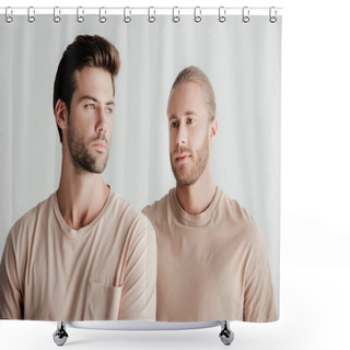 Personality  Young Handsome Men In Beige Outfit Isolated On White Shower Curtains