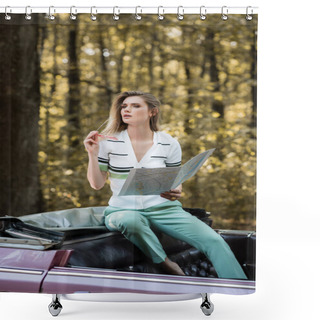 Personality  Thoughtful Woman Looking Away While Holding Sunglasses And Map In Convertible Car Shower Curtains