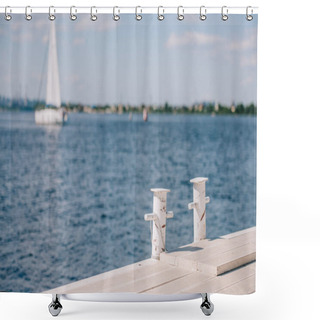 Personality  Empty Wooden Pier And Yacht On Background At Summer Day Shower Curtains