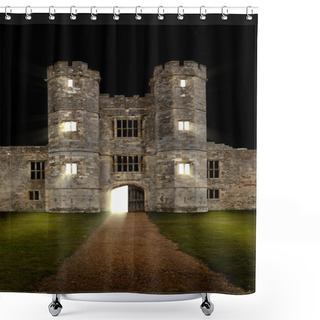 Personality  Old Castle At Night With Lights Shining Through Windows Shower Curtains