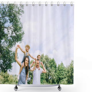 Personality  Happy Mother And Father Piggybacking Son And Daughter And Spending Time Together Shower Curtains