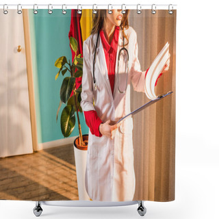 Personality  Cropped Image Of Retro Styled Doctor Looking At Clipboard In Clinic Shower Curtains