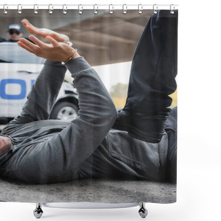 Personality  Policeman Stepping On Surrendered Offender Lying On Street On Blurred Background Shower Curtains