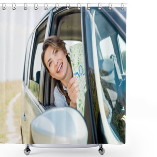 Personality  Beautiful Happy Woman Holding Travel Map Inside Car In Field Shower Curtains