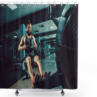 Personality  Muscular Fit Man Using Rowing Machine At Gym Shower Curtains