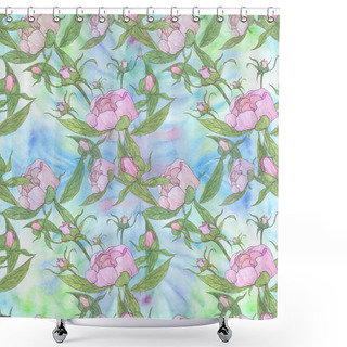 Personality  Peonies - Flowers And Leaves. Decorative Composition On A Watercolor Background. Floral Motifs. Seamless Pattern.  Shower Curtains