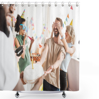 Personality  Smiling Young People Covering Eyes Of Young Friend And Greeting Him With Birthday Cake Shower Curtains