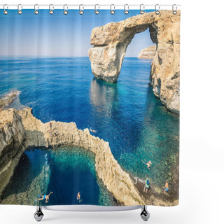 Personality  The World Famous Azure Window In Gozo Island - Mediterranean Nature Wonder In The Beautiful Malta - Unrecognizable Touristic Scuba Divers Shower Curtains