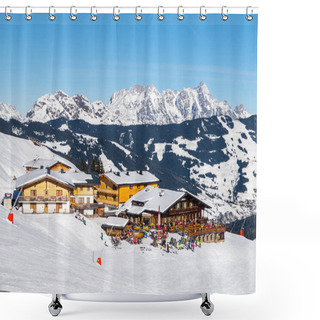 Personality  Downhill Slope And Apres Ski Mountain Hut With Restaurant Terrace In Saalbach Hinterglemm Leogang Winter Resort, Tirol, Austria, Europe. Sunny Day Shot Shower Curtains