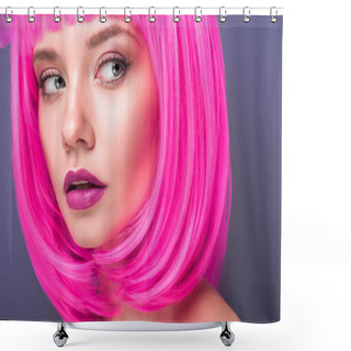 Personality  Beautiful Young Woman With Pink Bob Cut Isolated On Violet Shower Curtains