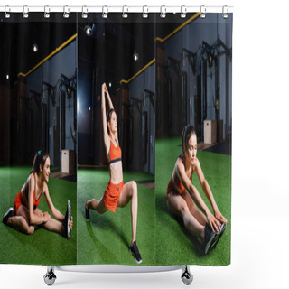 Personality  Collage Of Sportswoman Doing Forward Lunges And Seated Bend Exercises While Training In Gym, Banner Shower Curtains