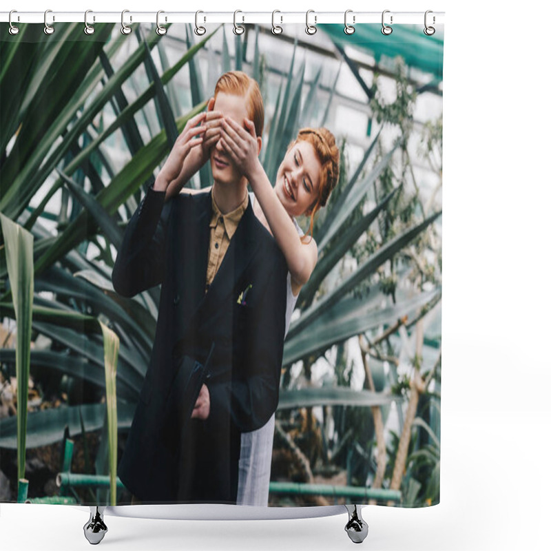 Personality  Smiling Redhead Girl In White Dress Closing Eyes To Young Man In Botanical Garden Shower Curtains