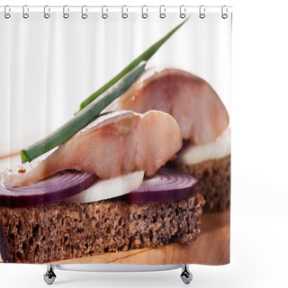 Personality  The Pieces Of Salted Herring On Rye Bread With Slices Of Red Onion Shower Curtains