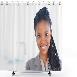 Personality  Young Employee Standing Upright In Front Of A Bright Window Whil Shower Curtains