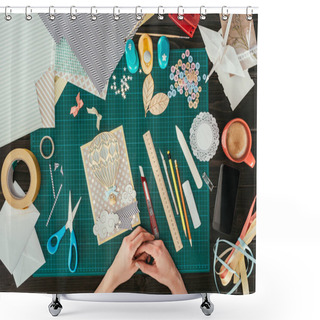 Personality  Cropped Image Of Designer Sitting With Scrapbooking Handmade Postcard At Working Table Shower Curtains