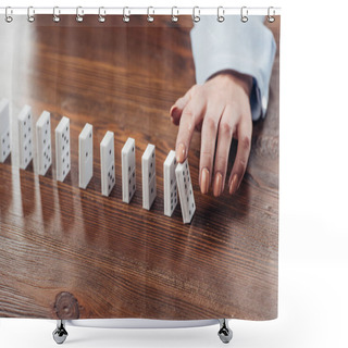 Personality  Cropped View Of Woman Pushing Domino Row On Wooden Desk With Copy Space Shower Curtains