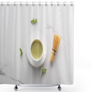 Personality  Top View Of Matcha Tea With Mint On White Table Shower Curtains