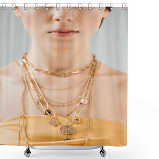 Personality  Partial View Of Young Woman With Shiny Lips In Golden Necklaces Isolated On Grey Shower Curtains