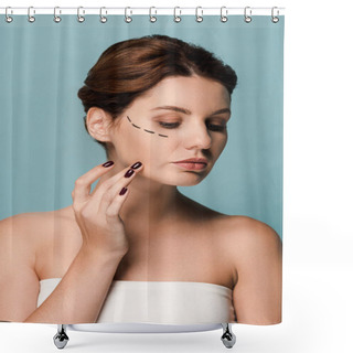 Personality  Attractive Woman Touching Face With Marked Lines Isolated On Blue  Shower Curtains