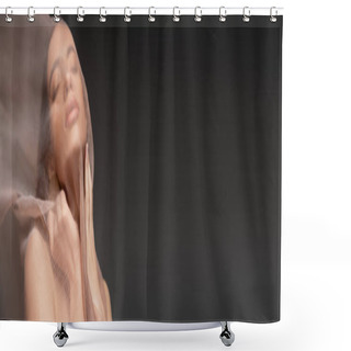 Personality  Asian Model With Closed Eyes Posing Under Beige Cloth While Standing Isolated On Black, Banner Shower Curtains